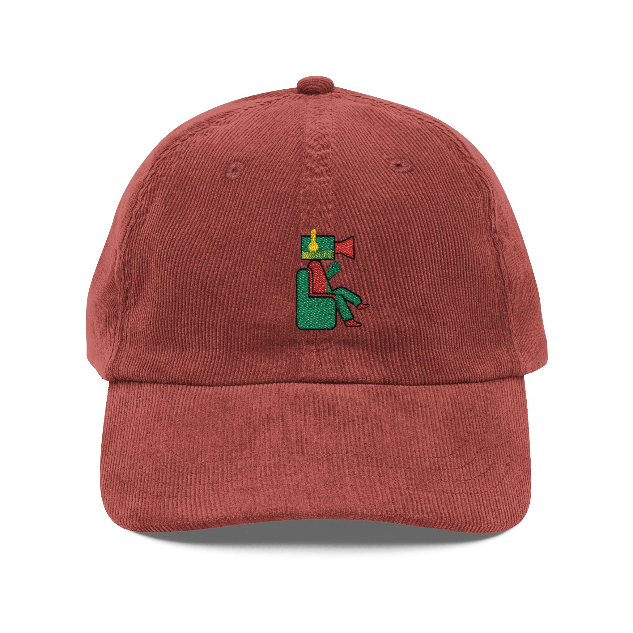 Embroidered Corduroy Baseball Cap — Vintage Red with Festive Green Initial 'K'