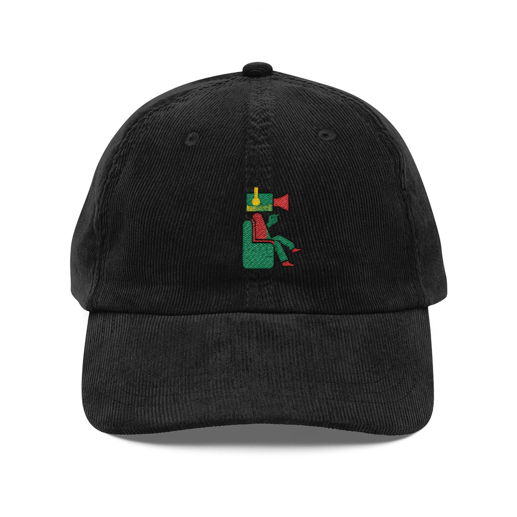 Embroidered Corduroy Baseball Cap — Vintage Red with Festive Green Initial 'K'